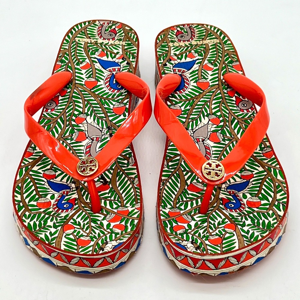 Tory Burch Women's Sz 8/39 Cut Out Wedge Platform Flip-Flop Spicy Orange Wild